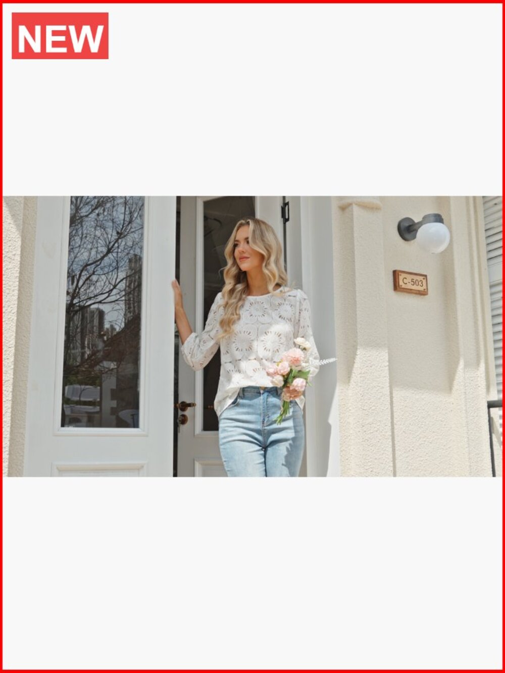 Eyelet Lace 3/4 Sleeve Blouse Dressy Casual Top Lightweight Nylon Blend - Picture 6 of 7